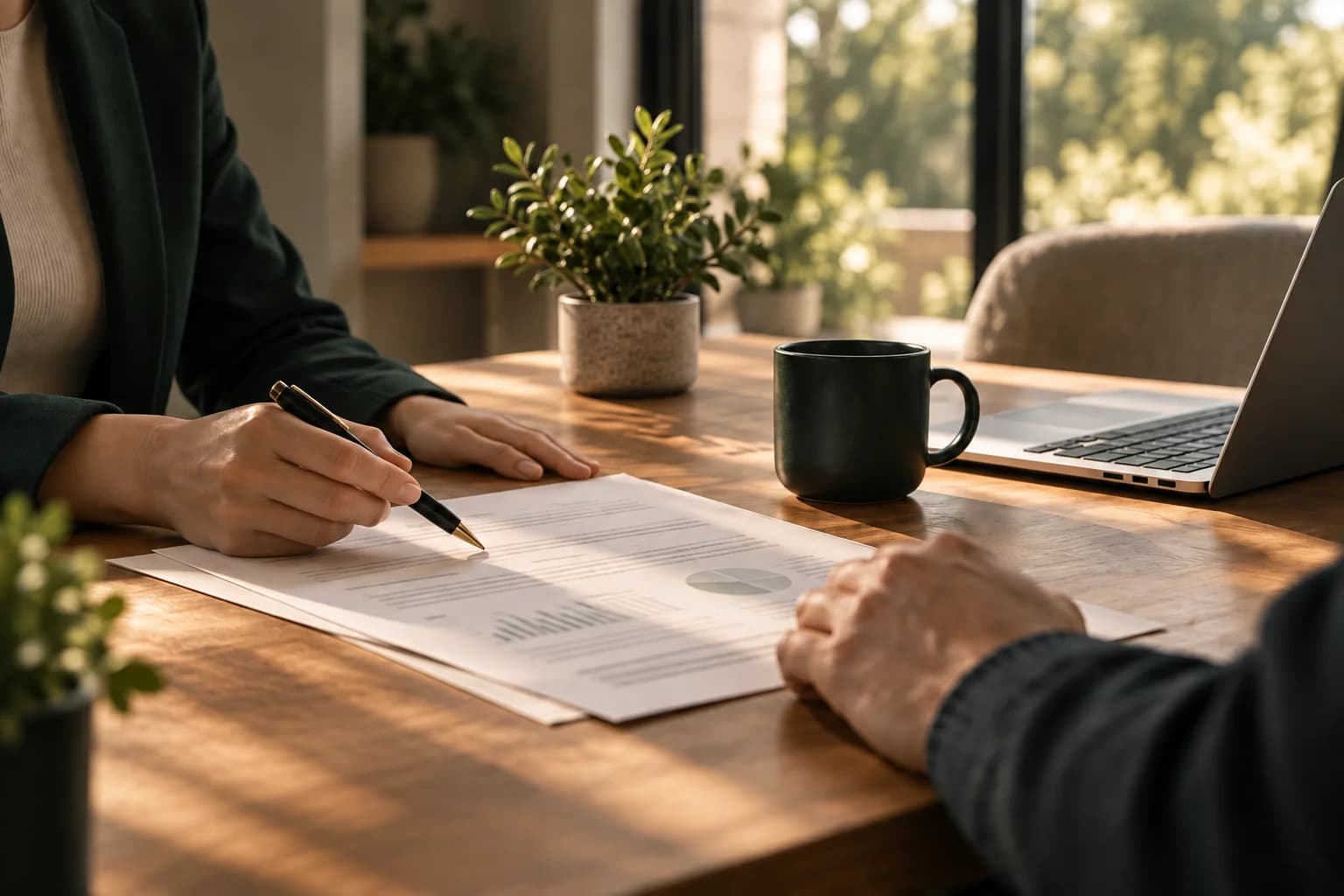 Dos personas revisan documentación hipotecaria en una mesa de trabajo