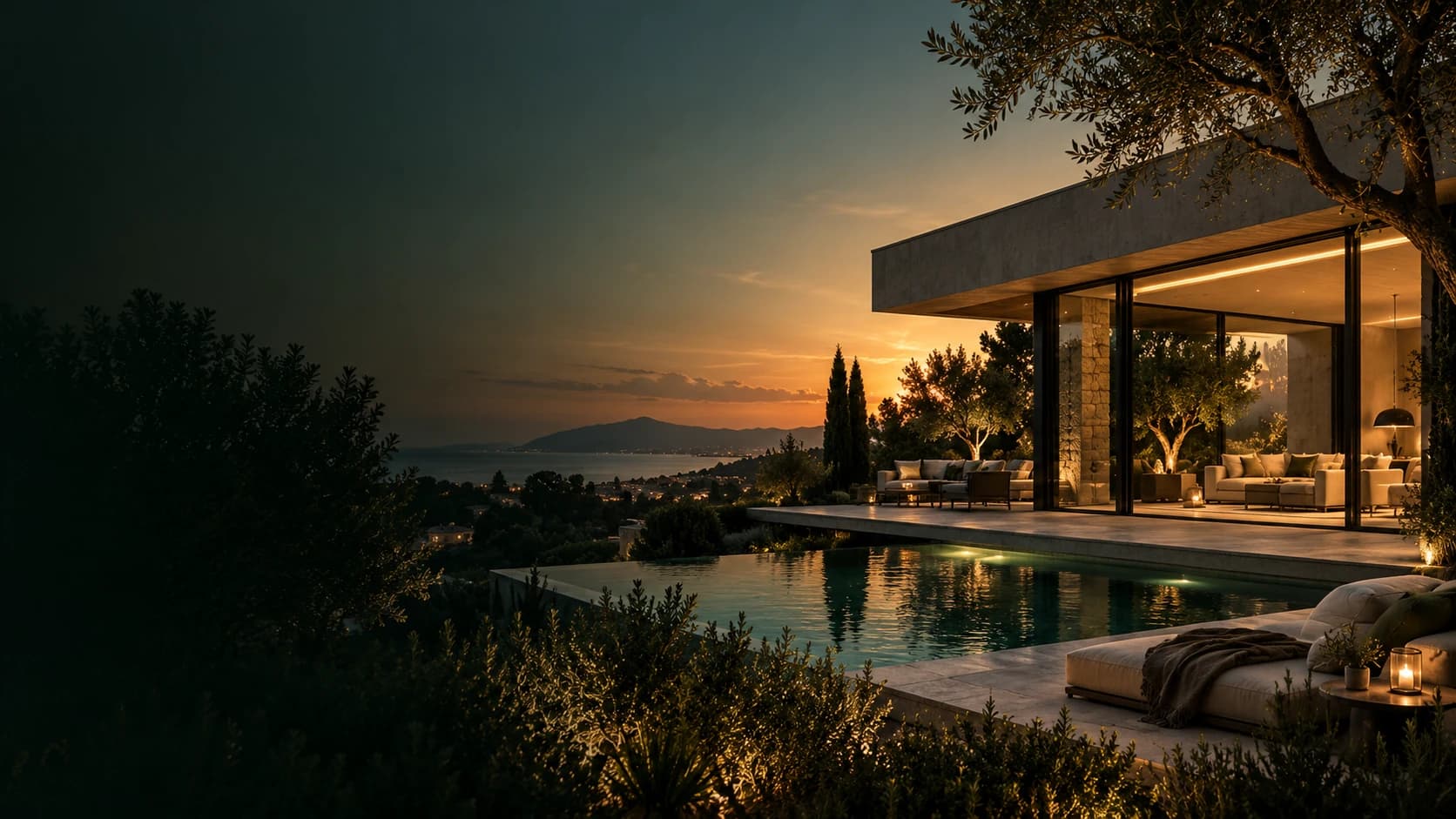 Vivienda contemporánea con piscina y vistas al mar al atardecer