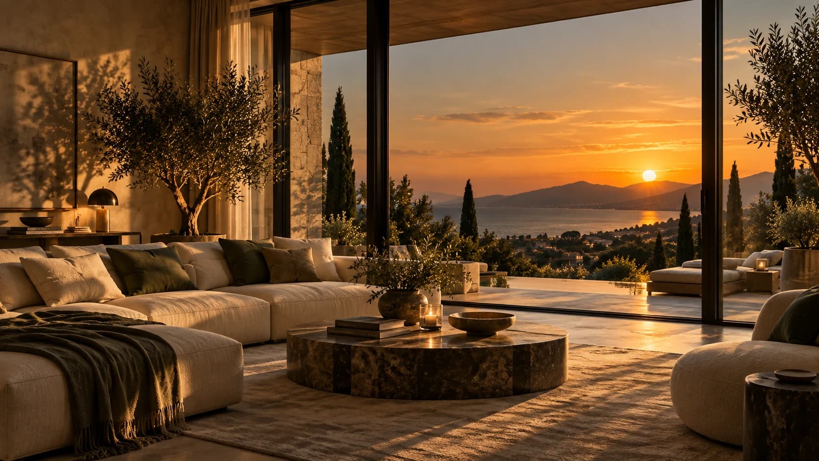 Salón con grandes ventanales abiertos a una terraza con vistas al mar al atardecer