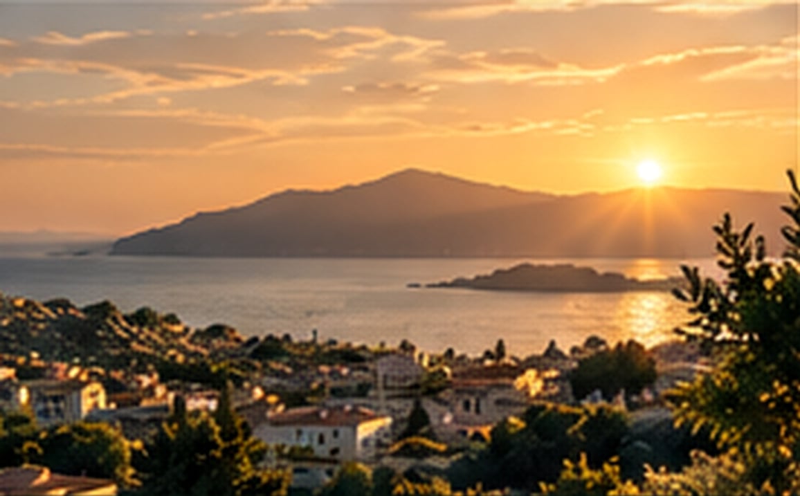 Bahía al atardecer vista desde una colina con casas