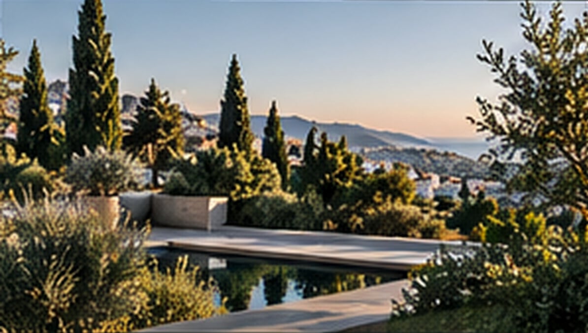 Jardín con piscina y cipreses frente a la costa
