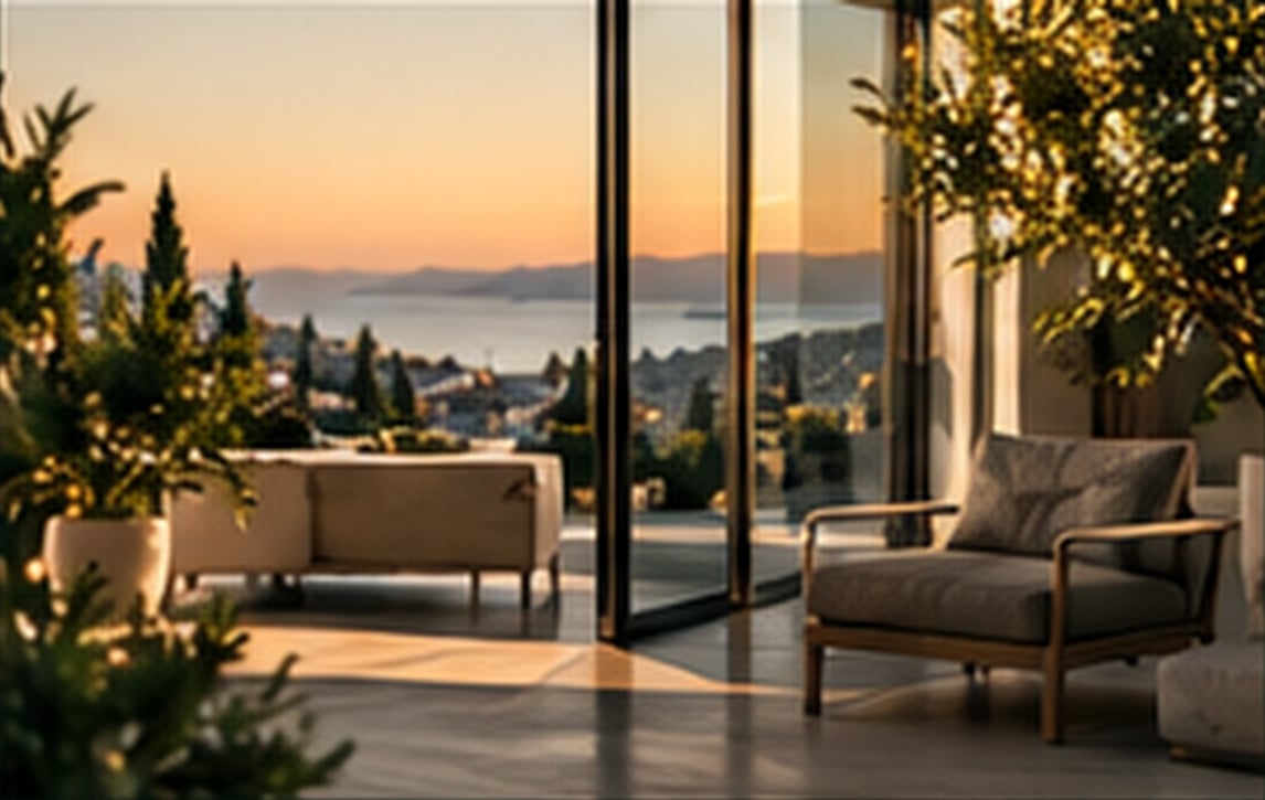 Terraza acristalada con un sillón y vistas al mar al atardecer