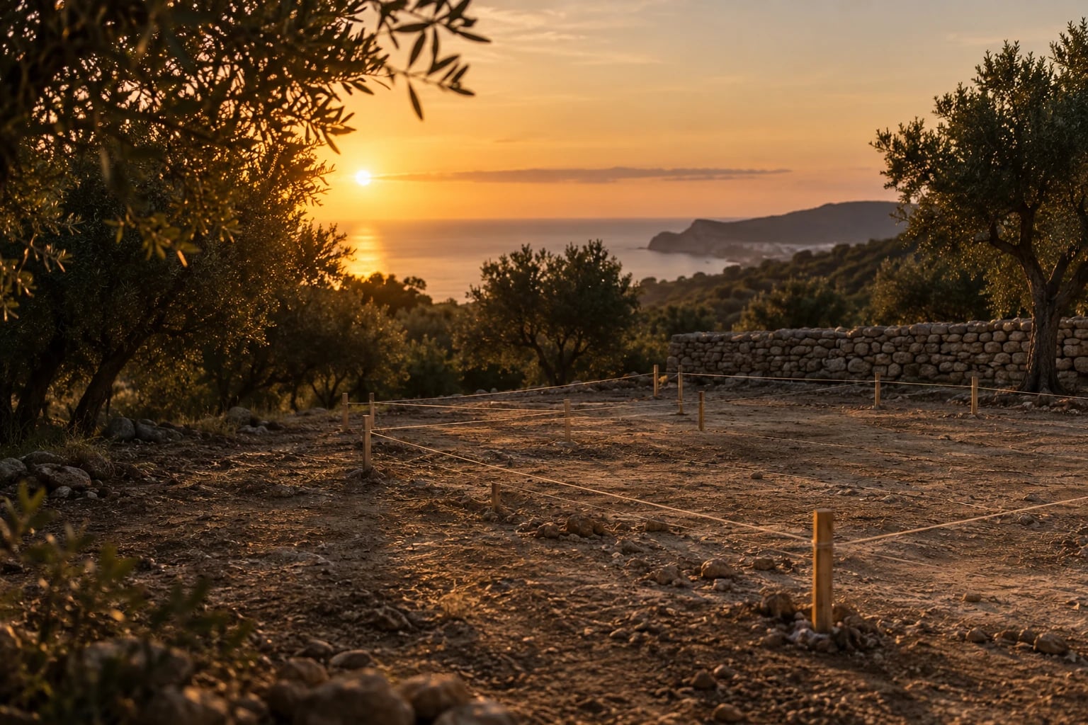 Parcela con estacas y cuerdas de replanteo entre olivos al atardecer