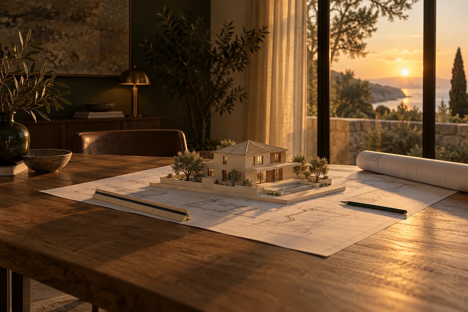 Maqueta de una vivienda sobre un plano extendido en una mesa de roble