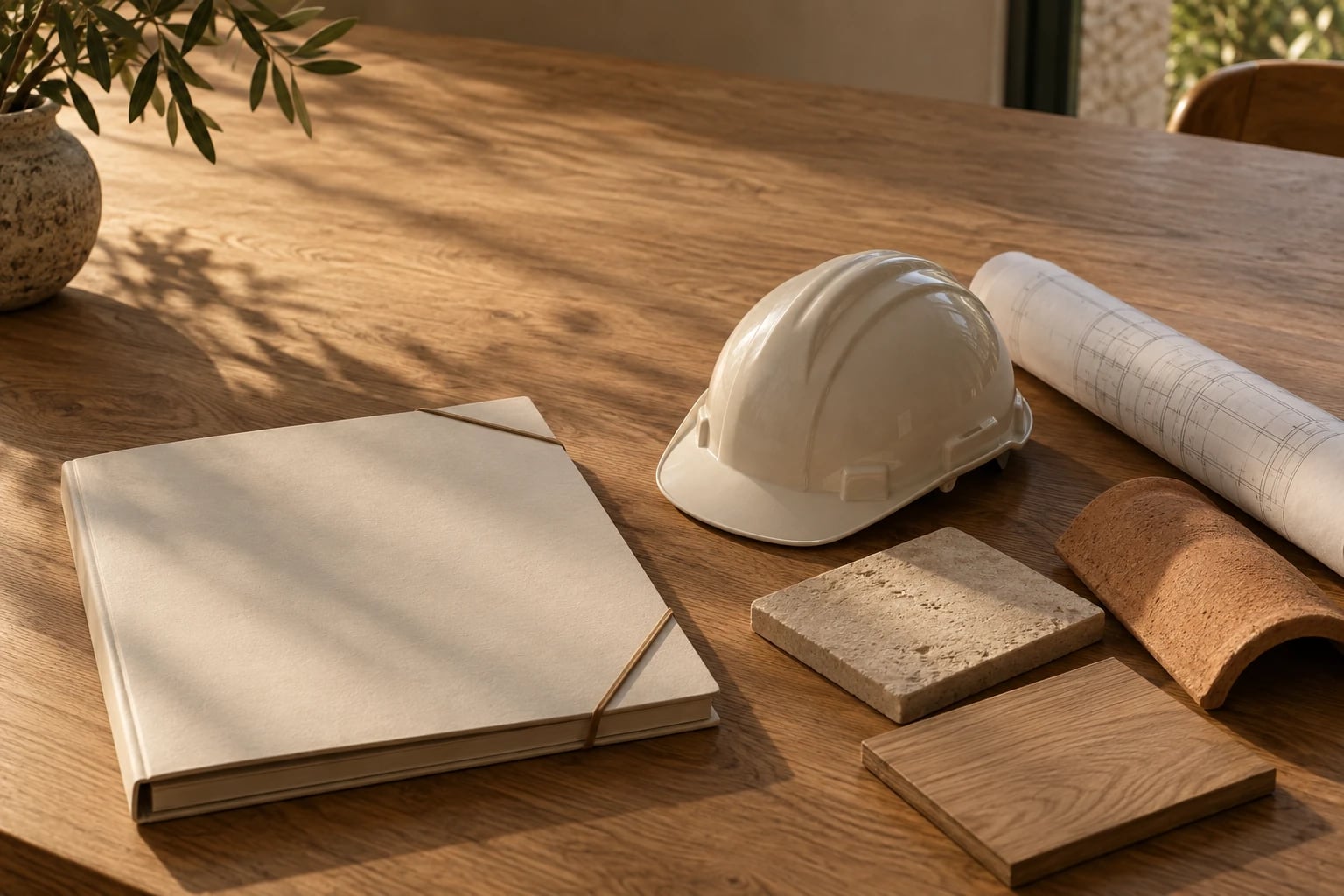 Carpeta de proyecto, un casco de obra y muestras de materiales sobre una mesa