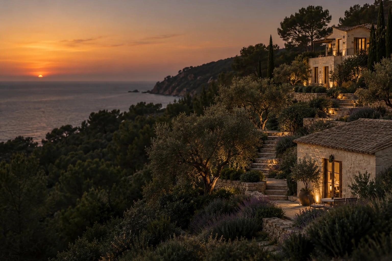 Dos casas mediterráneas en una ladera unidas por un camino de piedra al atardecer