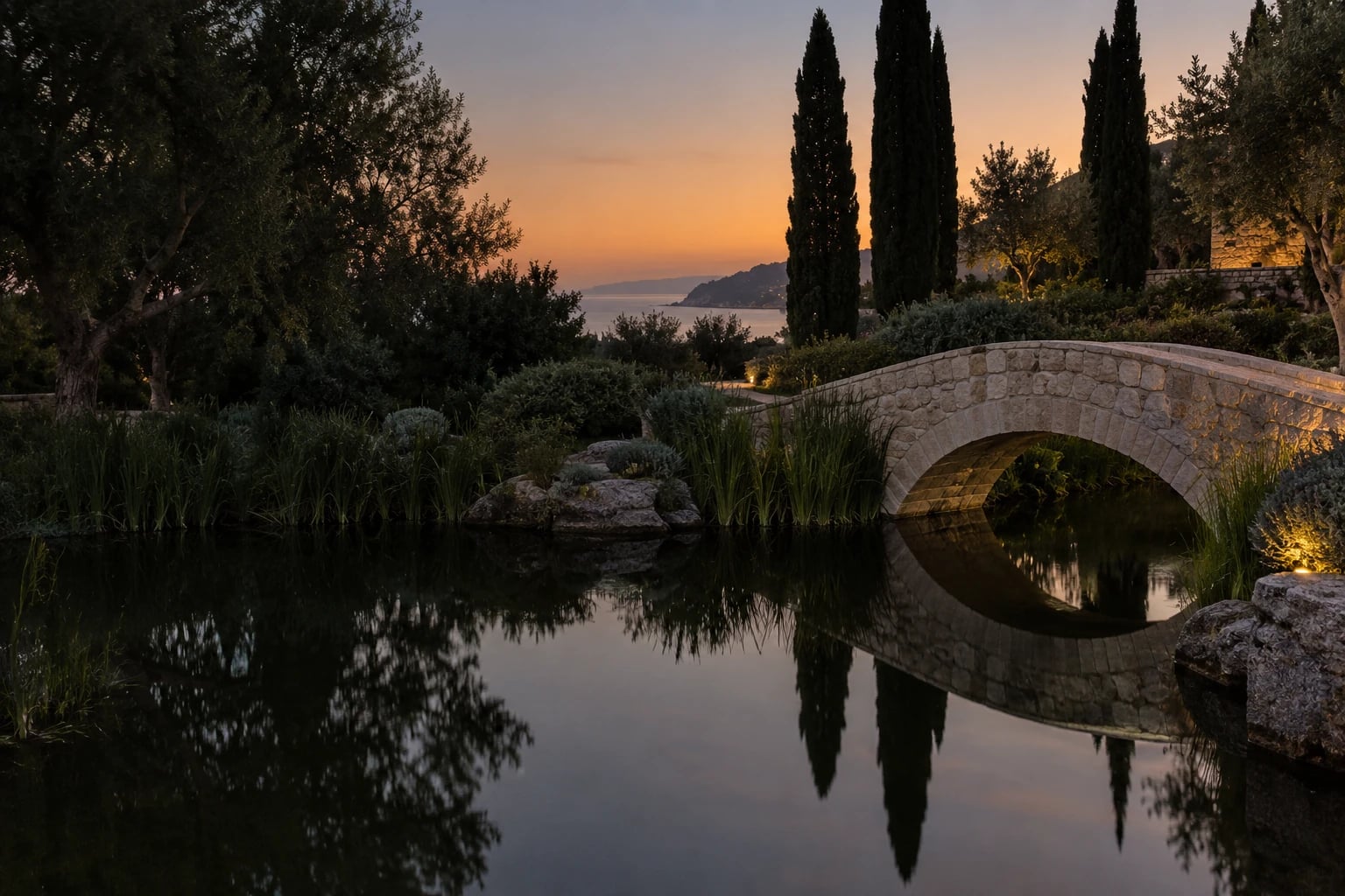 Pequeño puente de piedra sobre un estanque en un jardín mediterráneo al atardecer