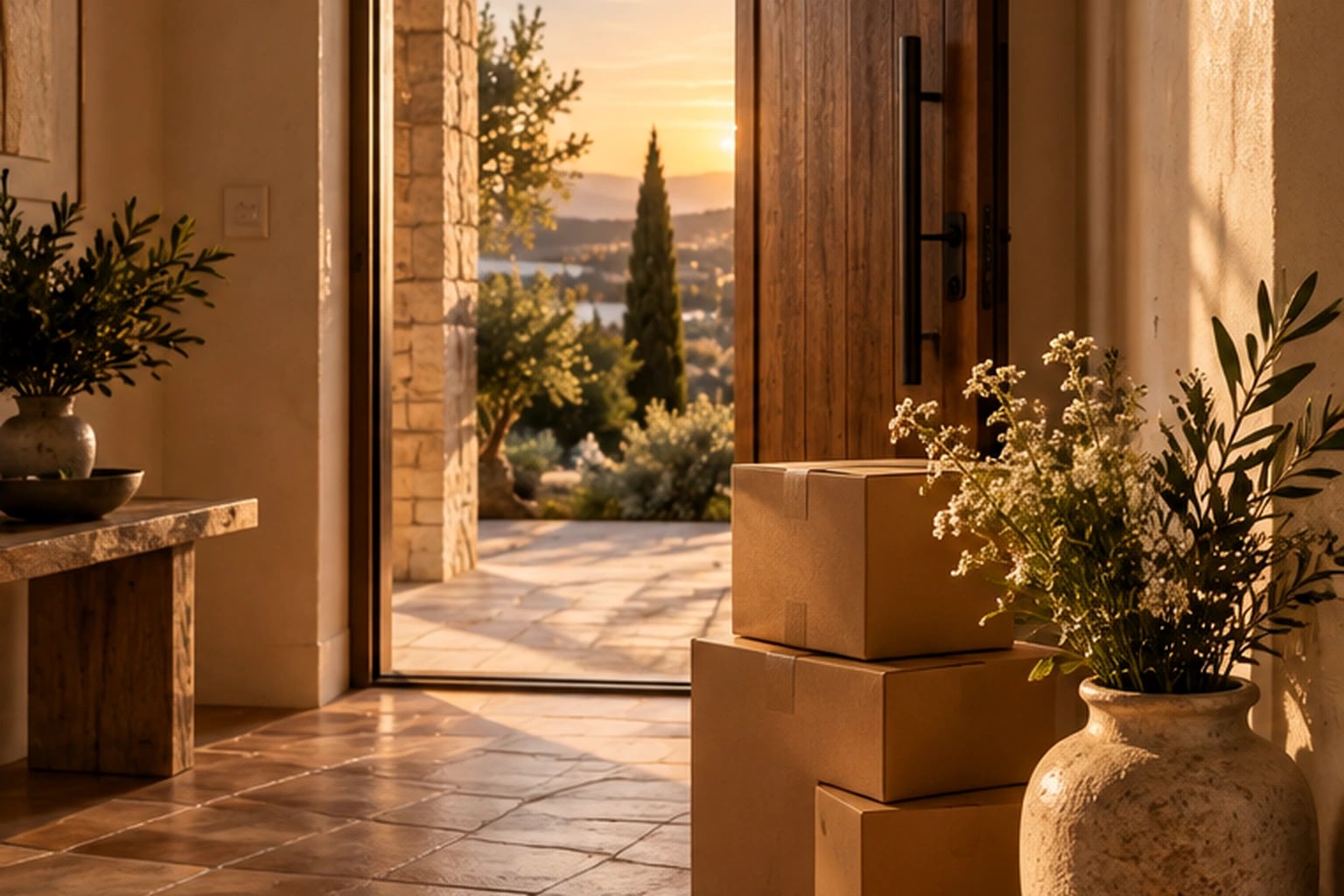 Recibidor con cajas de mudanza y flores junto a una puerta abierta al atardecer