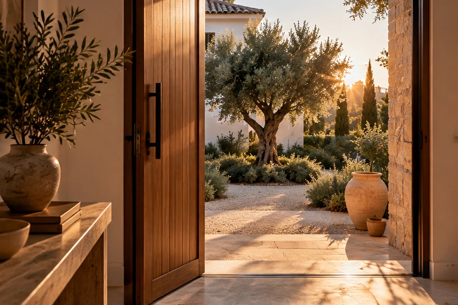 Puerta de madera abierta a un patio mediterráneo luminoso