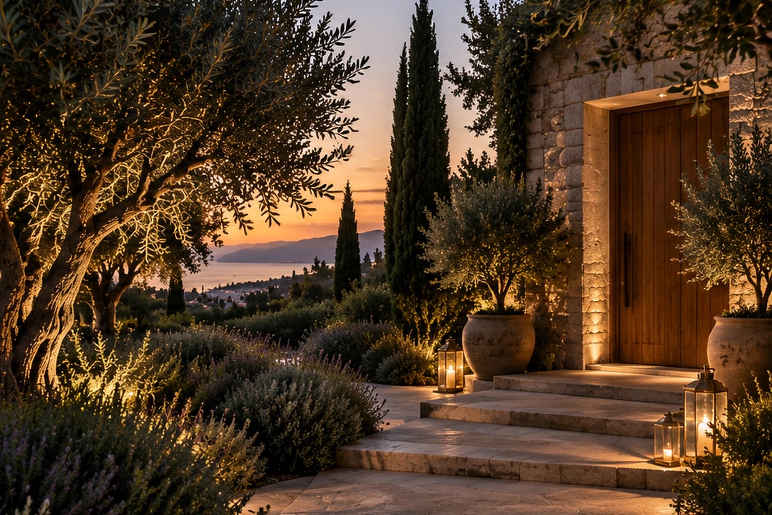 Camino de piedra entre olivos hacia la entrada de una villa al anochecer