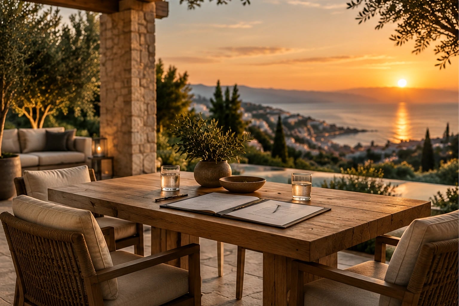 Mesa con documentos en una terraza con pérgola frente al mar al atardecer