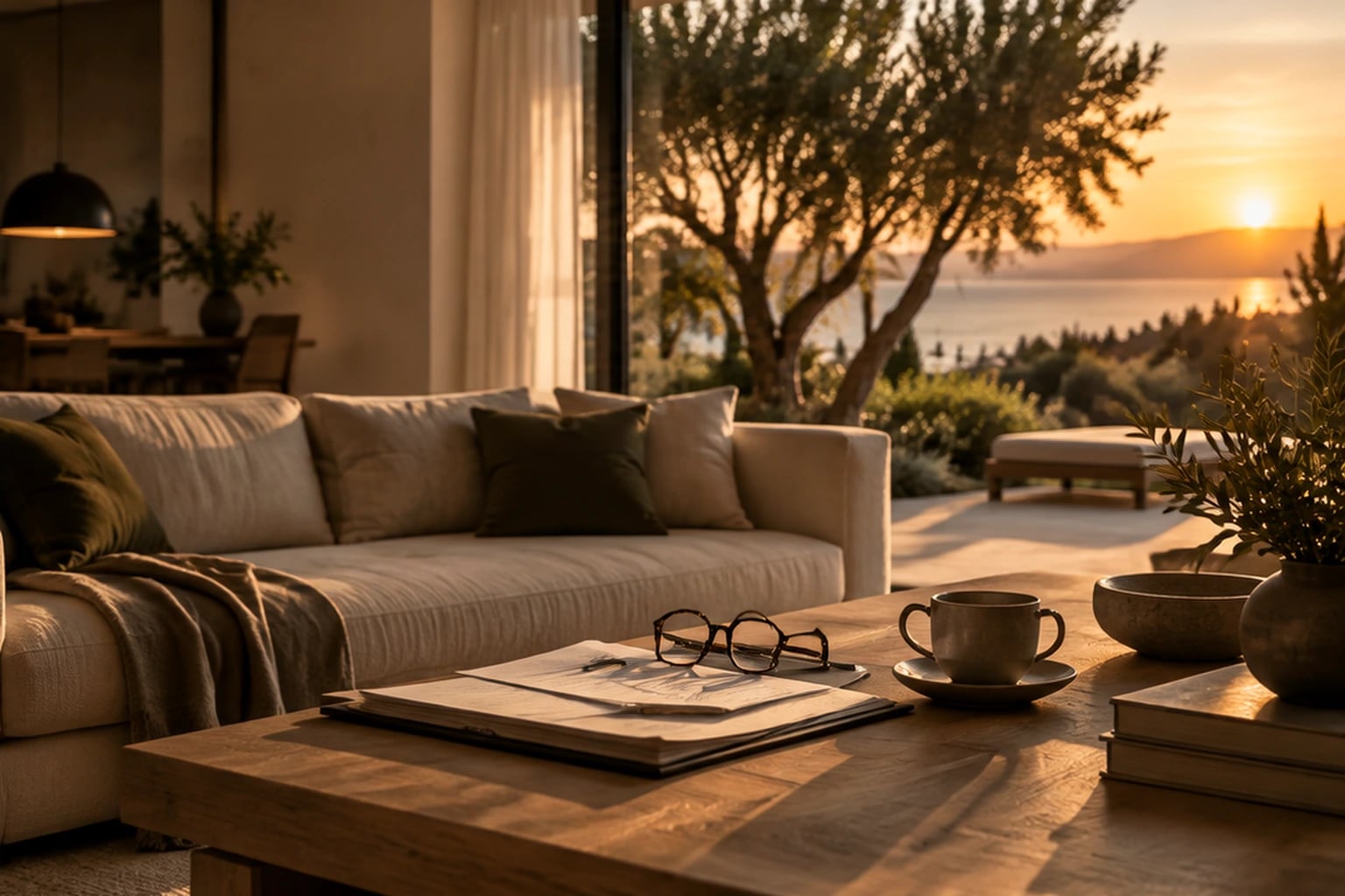 Salón con una carpeta de documentos y unas gafas sobre la mesa junto a un ventanal al atardecer