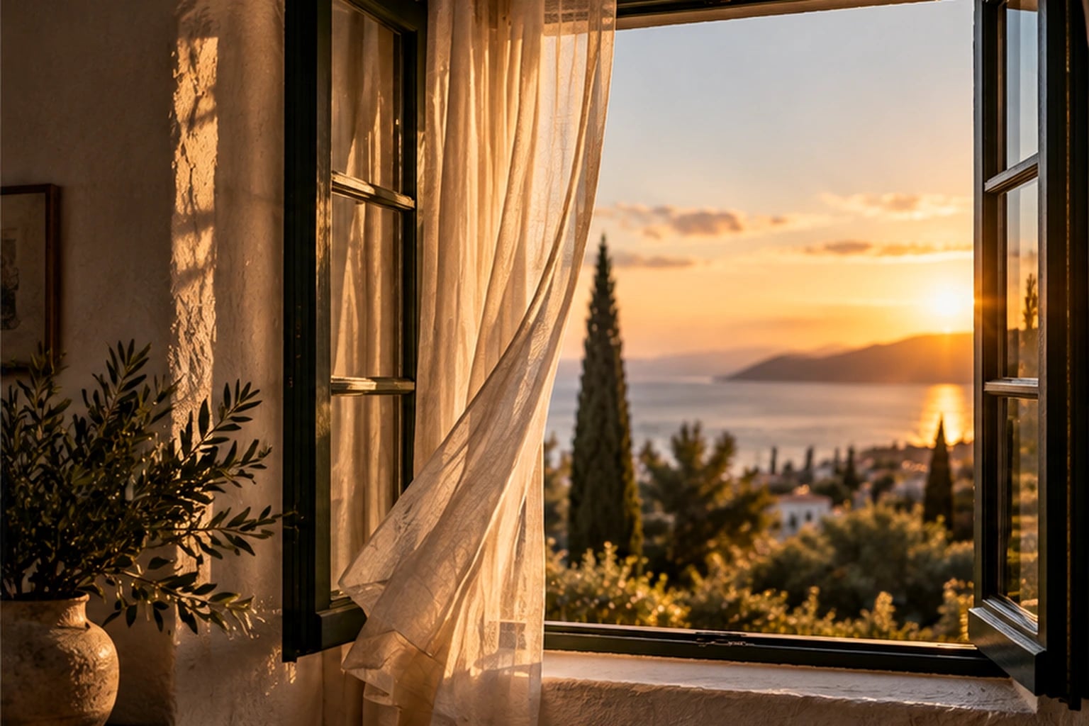 Ventana abierta con cortinas de lino y luz dorada del atardecer