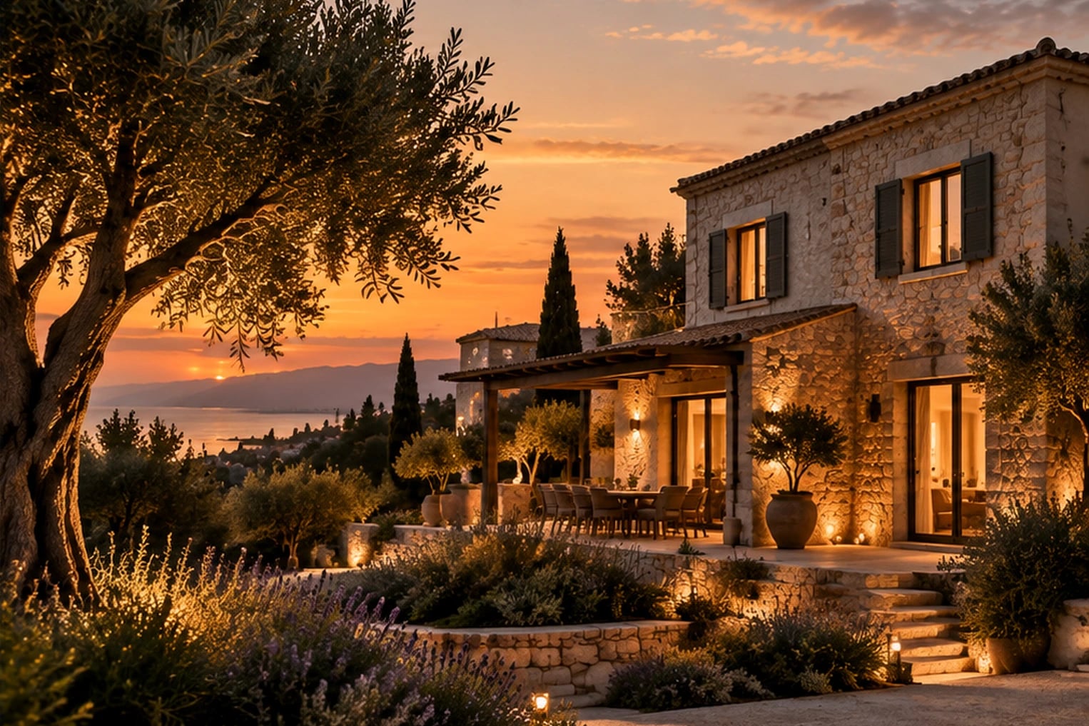 Casa de piedra con jardín de olivos al atardecer