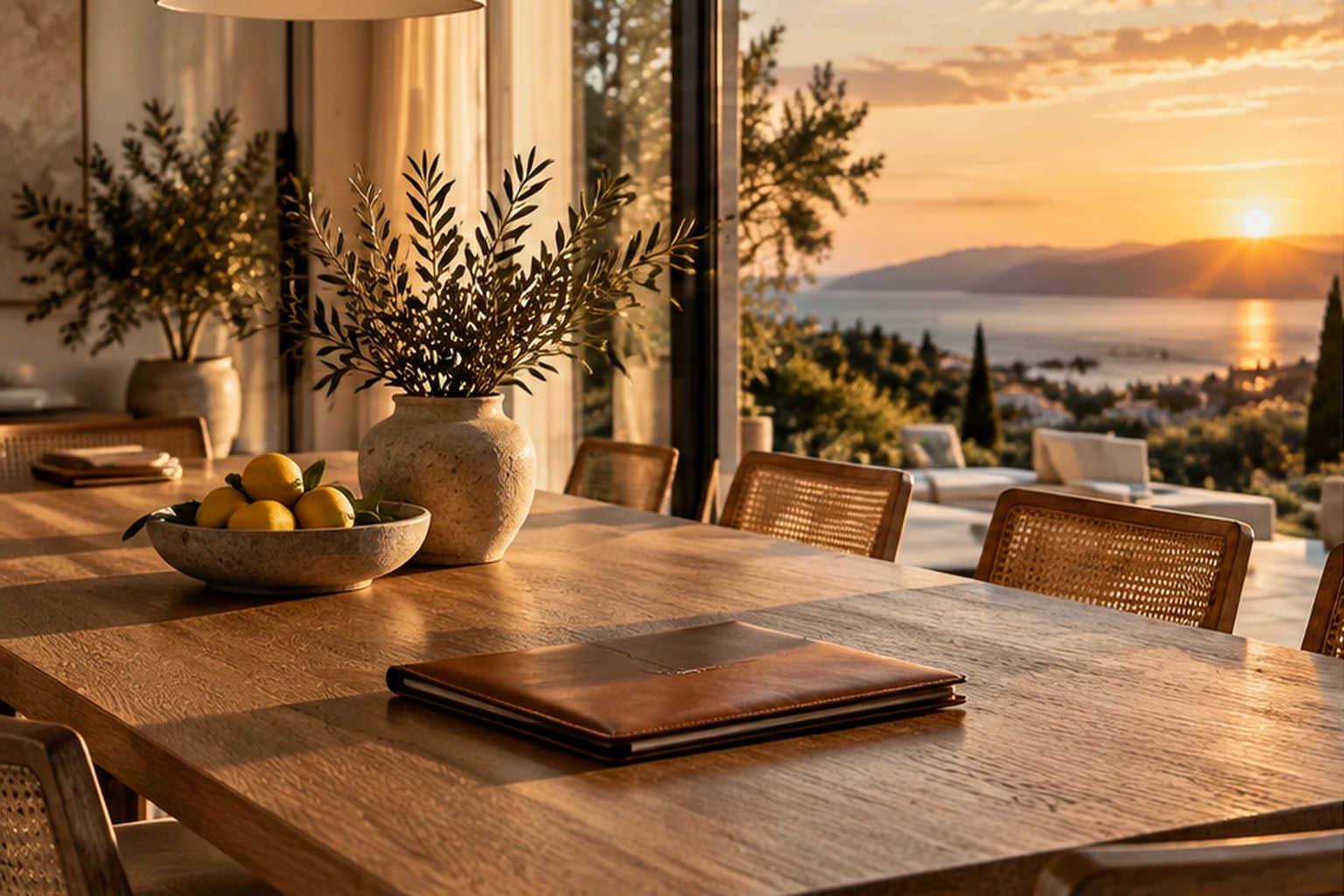 Comedor ordenado con una carpeta sobre la mesa de roble al atardecer