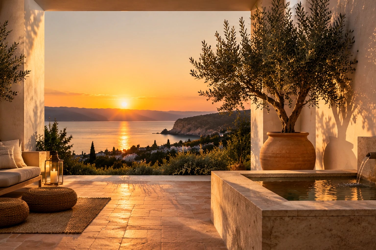 Patio mediterráneo con una fuente de piedra y un olivo al atardecer