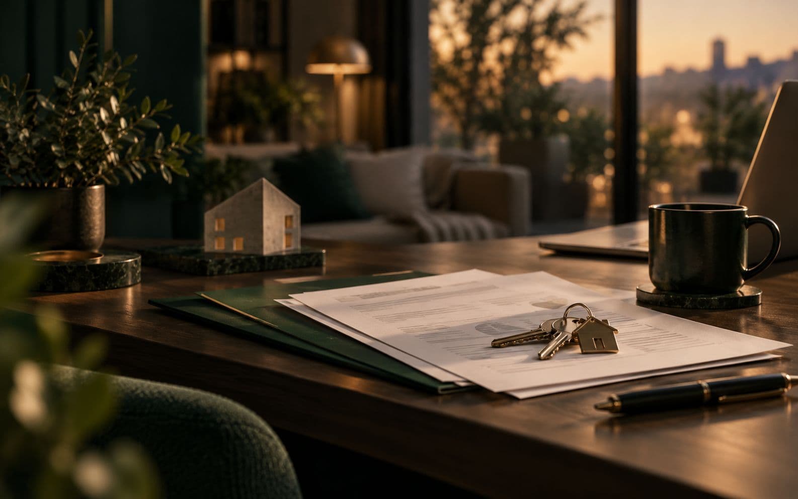 Mesa de trabajo con documentación hipotecaria en un interior residencial cálido