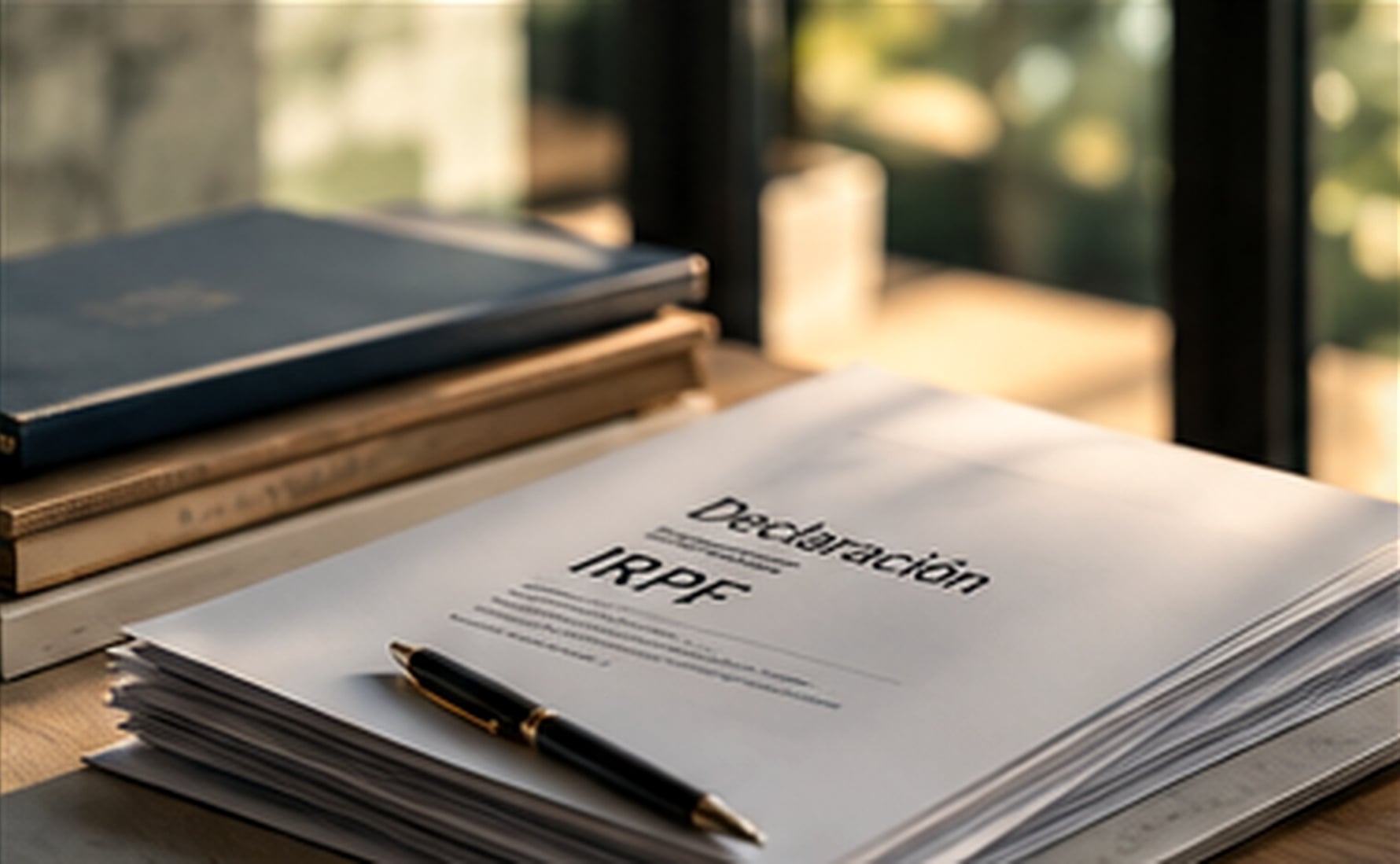 Declaración del IRPF y documentación fiscal preparadas sobre una mesa de trabajo