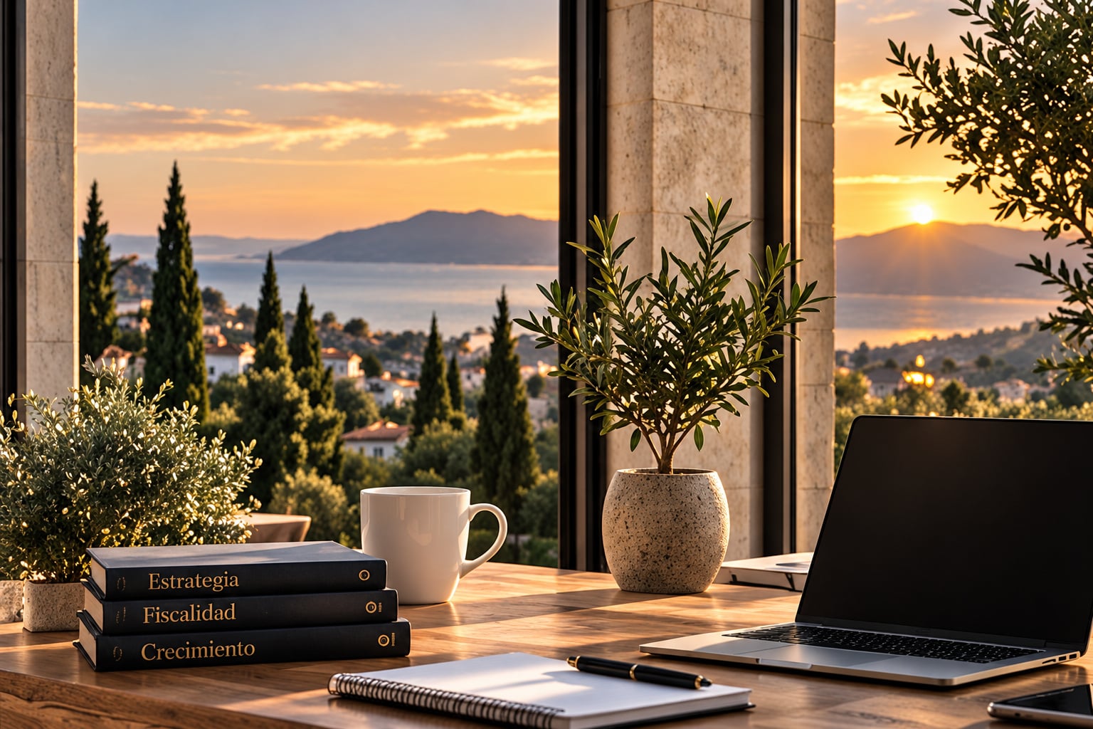Espacio de trabajo de un profesional autónomo con vistas al mar al atardecer
