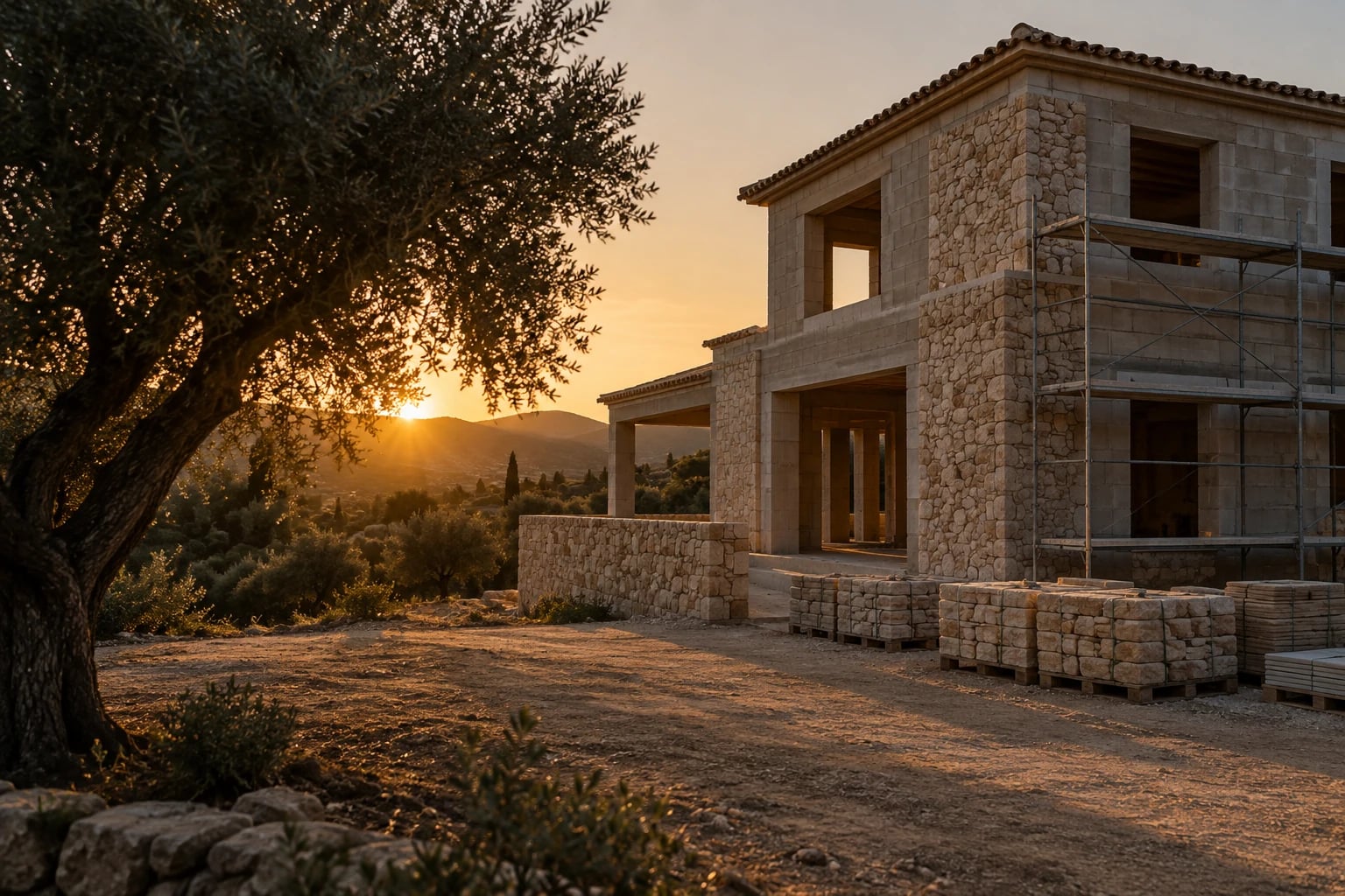Casa en construcción con un andamio en una parcela con olivos al atardecer