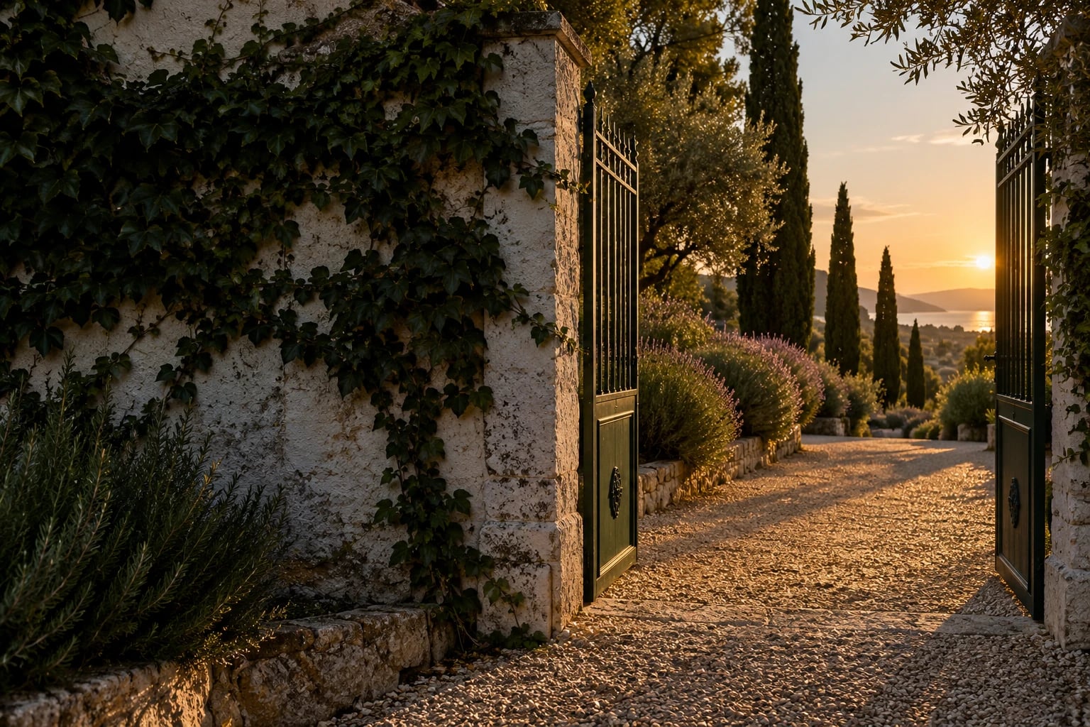 Cancela de hierro forjado abierta hacia un jardín mediterráneo al atardecer