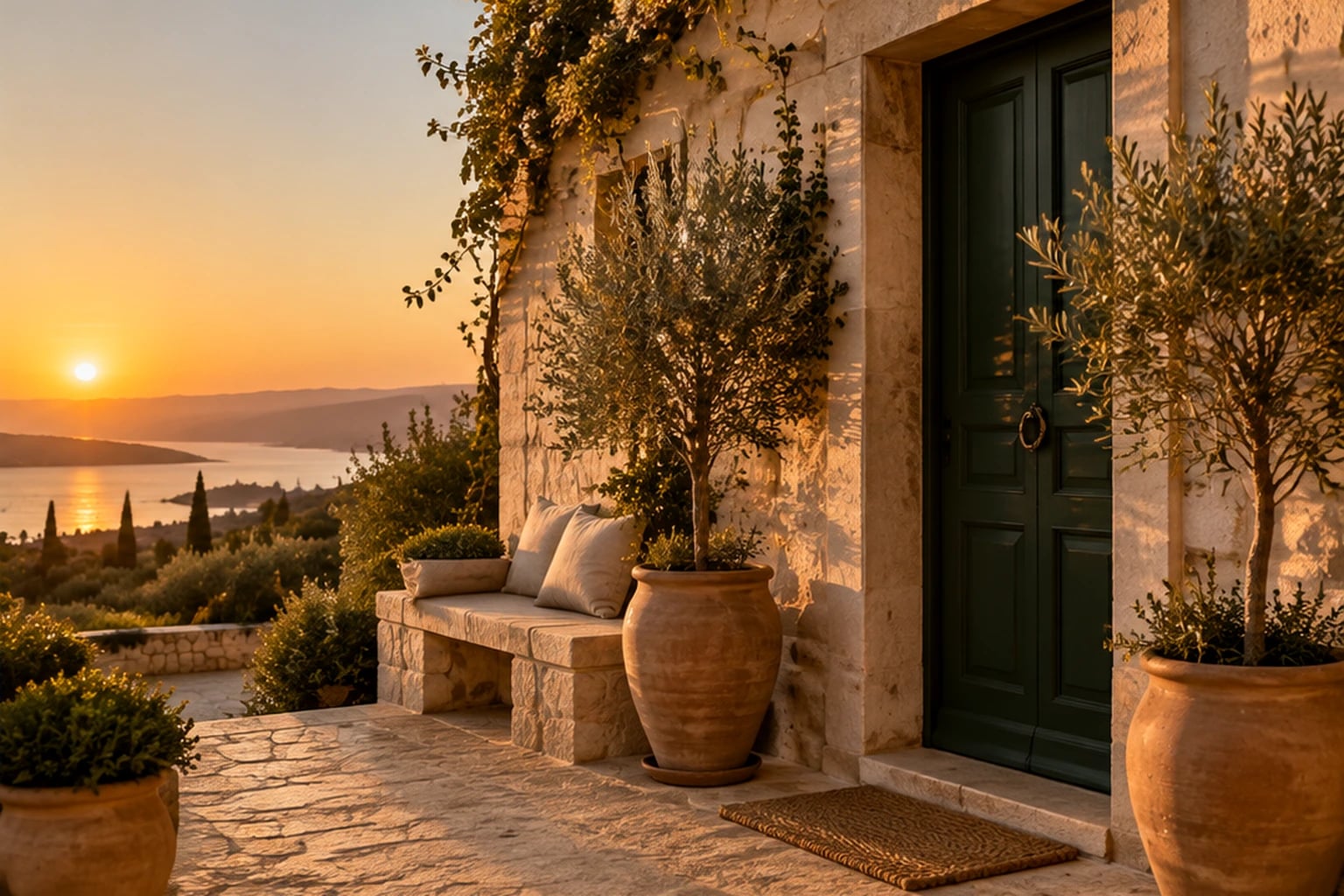 Fachada de una casa mediterránea con puerta de madera verde