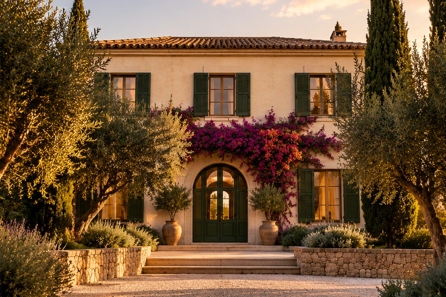 Fachada de una casa mediterránea con buganvilla sobre la puerta