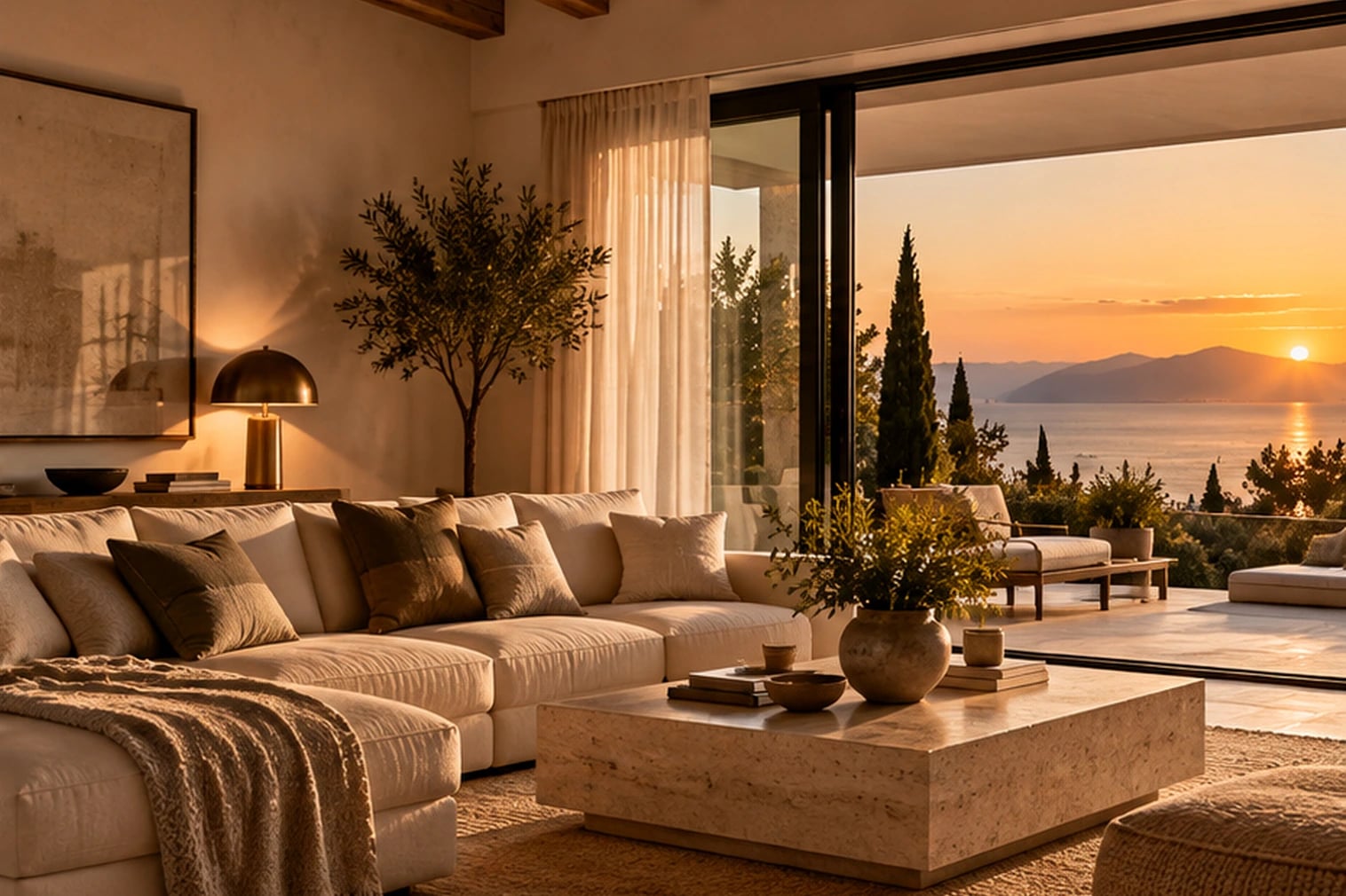 Salón reformado con vigas de madera y luz de atardecer