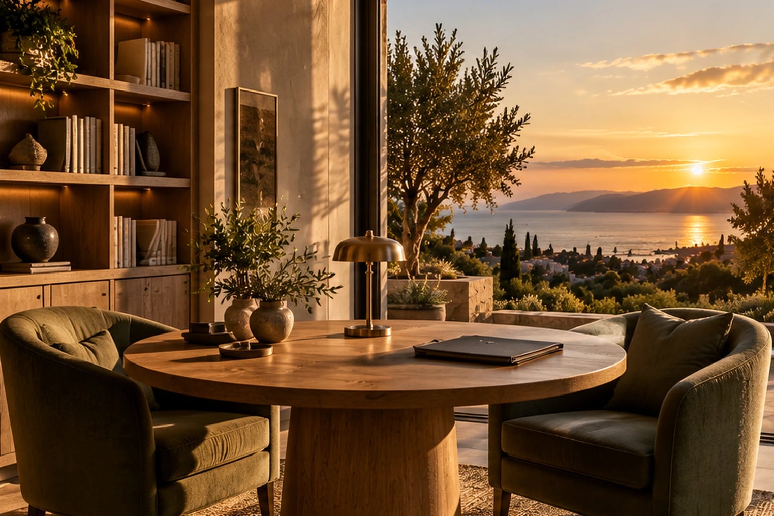 Estudio con mesa de roble y dos butacas junto a un ventanal con vistas al mar al atardecer
