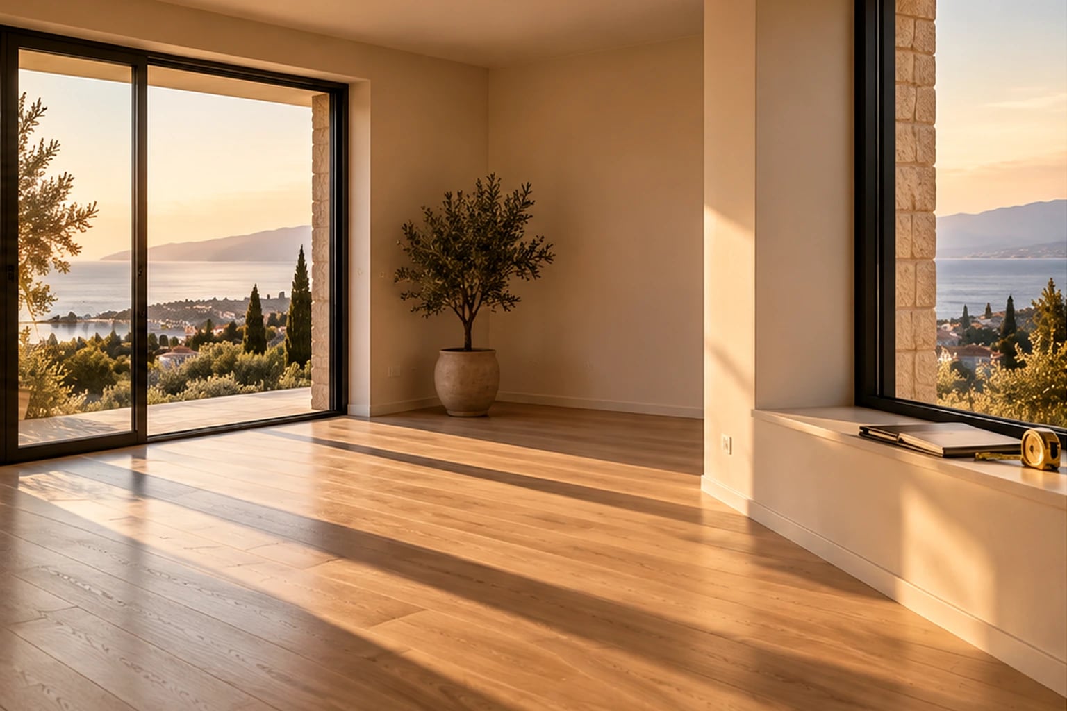 Salón vacío con suelo de madera iluminado por la luz de la tarde