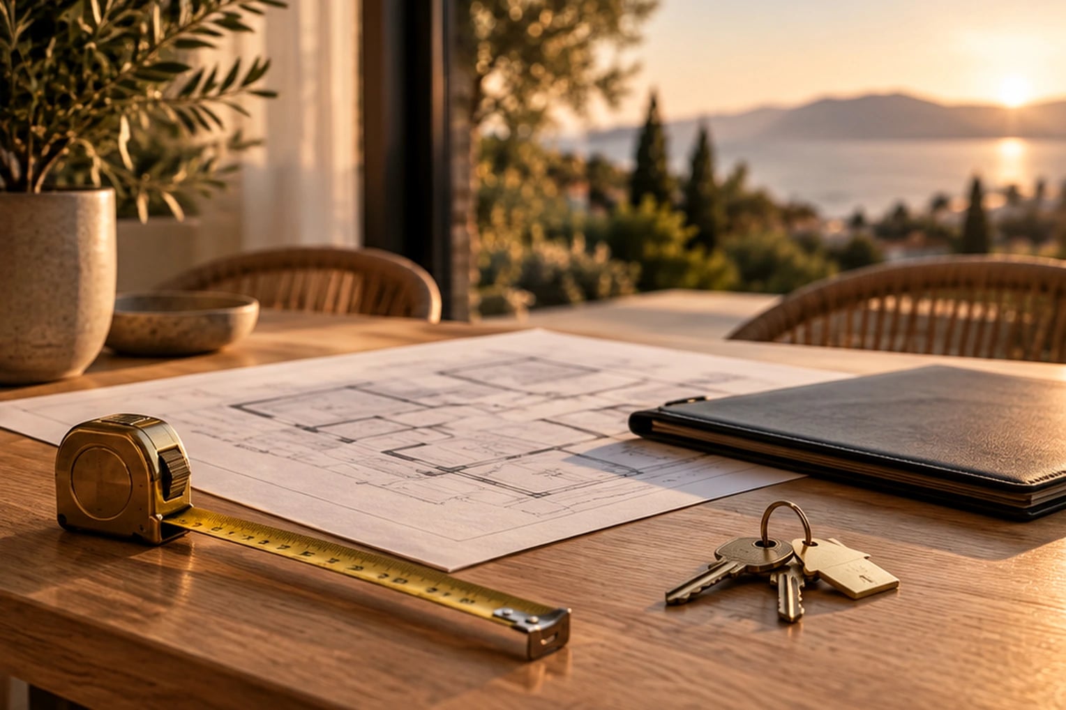 Plano de una vivienda, cinta métrica y llaves sobre una mesa